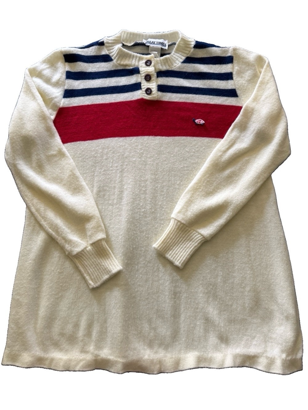 Vintage Striped Henley Sweater Turtle Embroidered Nautical Retro M - Picture 9 of 12